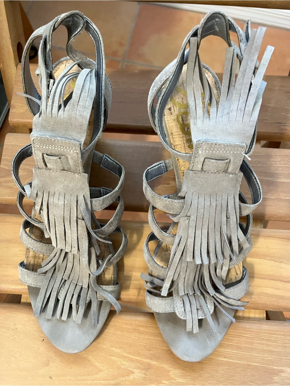 Sam Edelman Grey Suede Fringe Strappy Heels